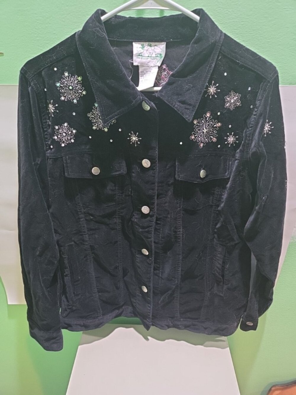 Quacker Factory Black Velvet Snowman Jacket Button Up Sequins Long Sleeve Small